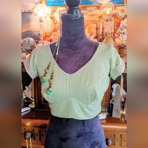 Vintage Minty Jeweled India Sari Crop Elegant Green Women's Top
